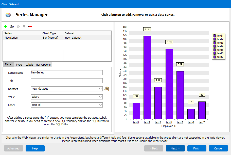 The Series Manager in the chart wizard, where the Series Name, Dataset to use, value, and labels are entered.